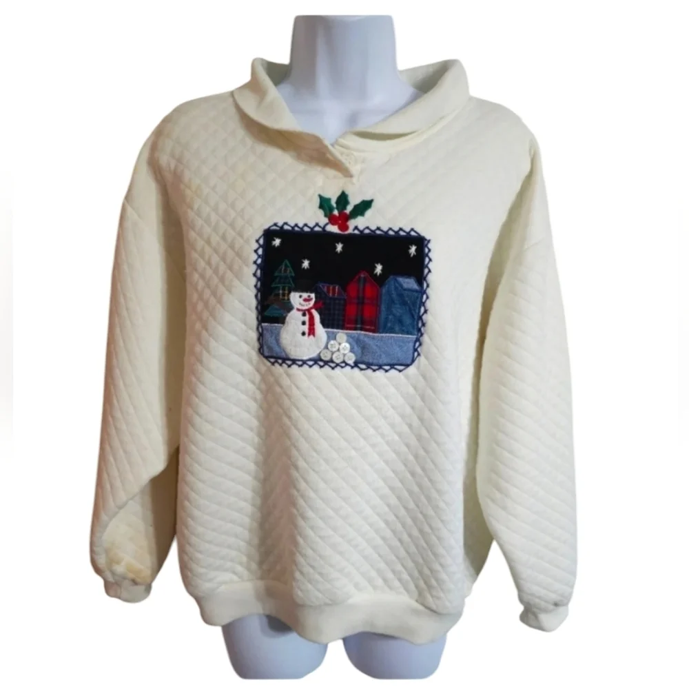 Vintage Jantzen Classics Large Quilted Snowman Sweatshirt Winter Patchwork Retro - Picture 2 of 9